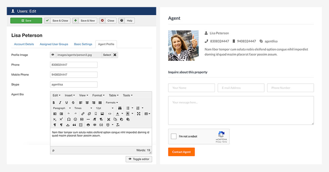 It's possible to assign multiple Joomla! users to act as authors. In the real estate website, these authors are actually real estate agents of a real estate company.\n\nReal estate agents have privileges to add and edit properties through the front-end of the website. The real estate agent's data are displayed at the bottom of each property listing. Through the small contact form (secured with ReCaptcha), potential customers can contact the agent who published the listing.