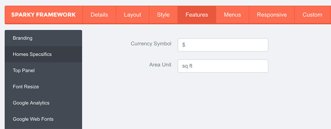 Currency symbol and area units can be changed easily in the real estate website template parameters. Any value that's appropriate for your country can be entered here.