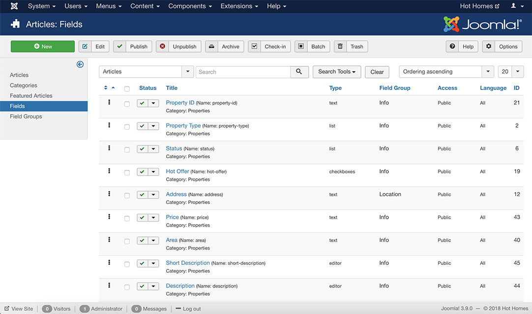The Custom Fields can be customized easily through Joomla! backend. You can rename each of the fields. Also, you can re-group them, change group names or add new groups of custom fields. You can also change the field's default value and mark some of them as mandatory or not mandatory.\n\nIt's so customizable that you can even use the real estate template to develop a website for a completely different purpose!