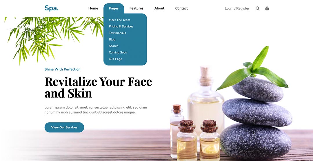 The Spa Joomla template features a responsive drop-down menu with submenu links. All settings for the drop-down menu and its submenus can be configured in the template parameters.\n\nIn addition to the drop-down menu, the framework allows you to use various other menu types, including off-canvas, mega menu, horizontal, and static menus. You can either use a single menu for your site or incorporate multiple menus of different types across different sections of your website.