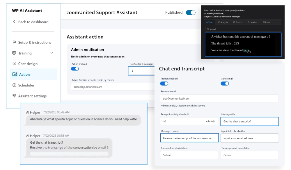 Turn Every Chat Into a Lead with Get Contact Action With the new Get Contact Action in WP AI Assistant, every support chat becomes a conversion opportunity. Automatically collect visitor emails when they go inactive. The assistant offers to send the chat transcript, and once submitted, the email goes straight into your contact list.