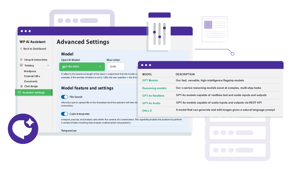 Use OpenAI ChatGPT Models for Assistants Leverage OpenAI’s powerful GPT models to provide exceptional responses and enhanced capabilities for your chatbot. Model Selection : Choose from different ChatGPT models, such as GPT-4o, turbo models, depending on your requirements for accuracy, creativity, and response speed. Custom Training Data : Enhance the performance of these models by giving notice to the model to use as preference custom data or model data Balanced Performance : Combine OpenAI’s state-of-the-art technology with custom data to provide detailed, accurate, and context-aware answers.