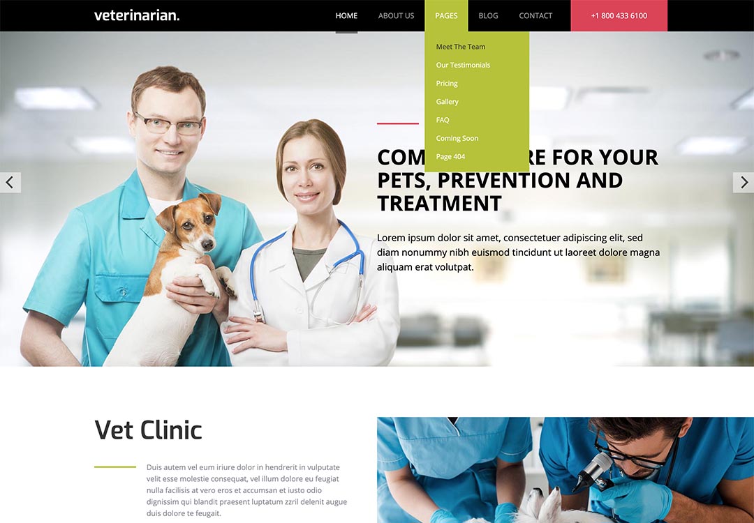The Hot Veterinarian template has a top menu with submenu items on multiple levels. The sub-menu panes open on mouse-over action. The menu is fully responsive and it's converted to a responsive menu that's easy to handle on tablets and smartphones. You can change colors, fonts, sizes and other menu parameters in the template settings.