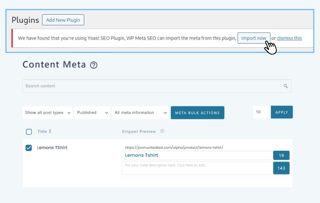 WP Meta SEO vs Yoast SEO plugin: Comparison and data migration On plugin install, if Yoast SEO is detected, you can run a full meta import. Check it out, it done in one click. Hit the link below to compare WP Meta SEO and Yoast SEO features. COMPARISON - WP META SEO vs YOAST SEO