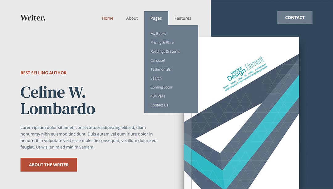 The Writer Joomla template includes a responsive drop-down menu with submenu links. All the settings of the drop-down menu and its submenus are in the template parameters.\n\nBesides the drop-down menu type, the framework lets you use other menu types, such as an off-canvas menu, mega menu, horizontal menu, and static menu. You can use a single menu for your website or add multiple menus of different types throughout the website.